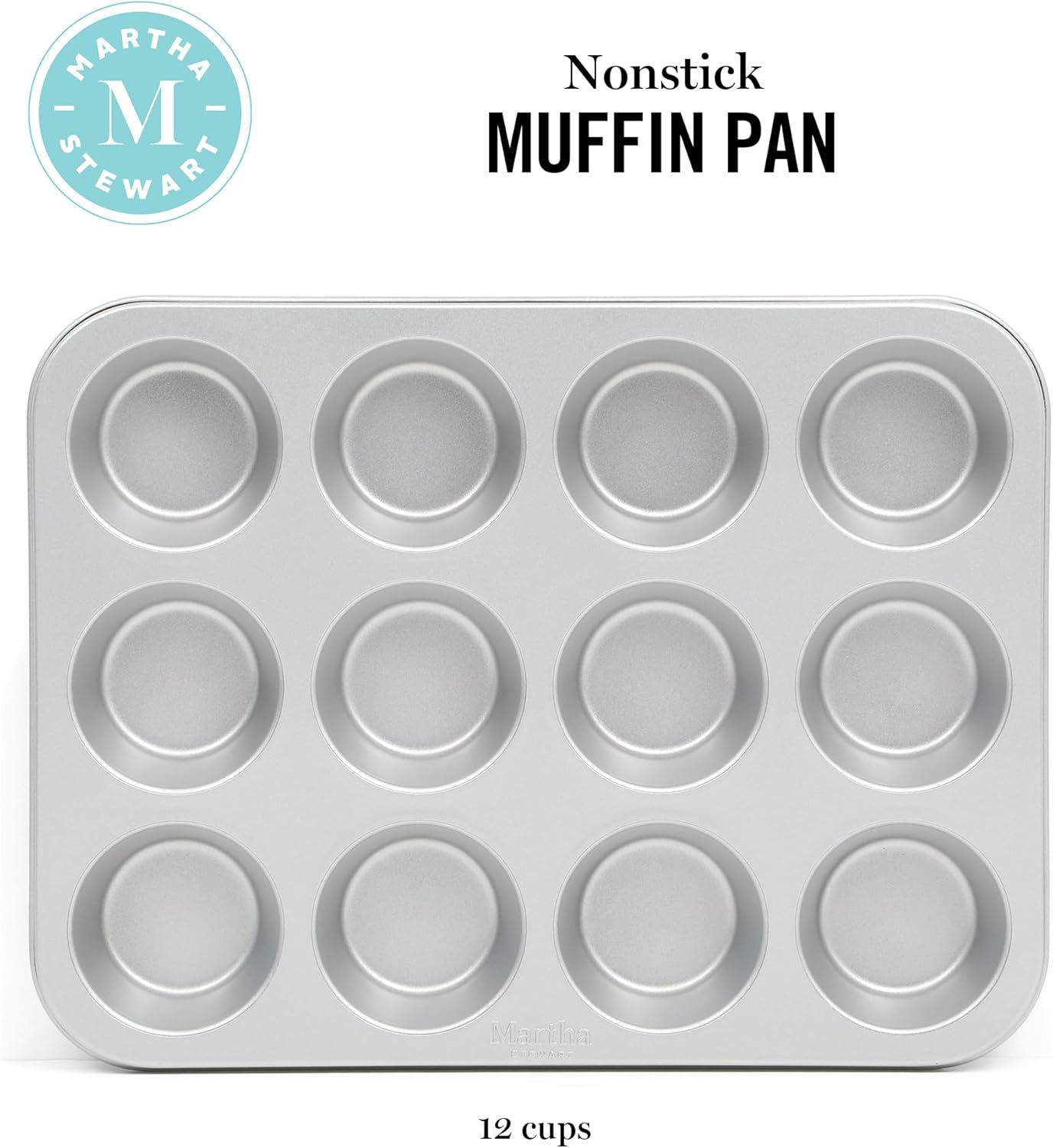 Martha Stewart Gallen 12-Cup Nonstick Muffin & Cupcake Pan - Durable Silver Bakeware for Perfect Treats