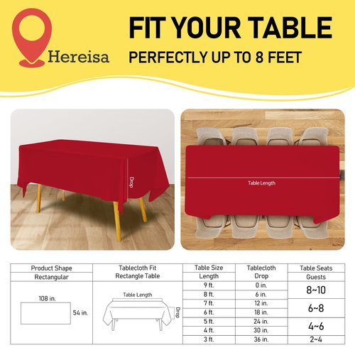 Hereisa Red Plastic Tablecloths 2 Pack Ruby Disposable Table Covers 54 x 108 Inch Bridal Party Tablecovers PEVA Table Cloths for BBQ Picnic Birthday Wedding Banquet Parties 8 ft Rectangle Table Use
