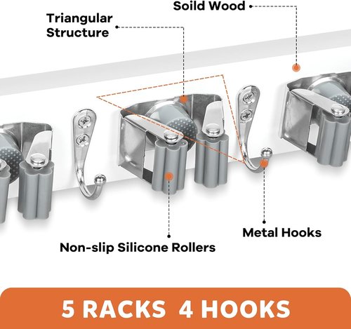 IMILLET Broom Holder Wall Mount - Wood Organizer with 5 Racks & 4 Hooks for Home & Garage Storage (White)
