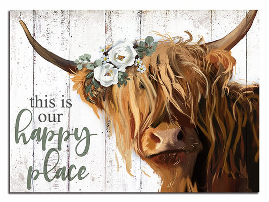 YPY Highland Cow Wall Art - This is Our Happy Place Inspirational Canvas Poster for Home - Long Haired Scottish Cow with White Flower Picture Farmhouse Kitchen Decor Framed (24"x36")