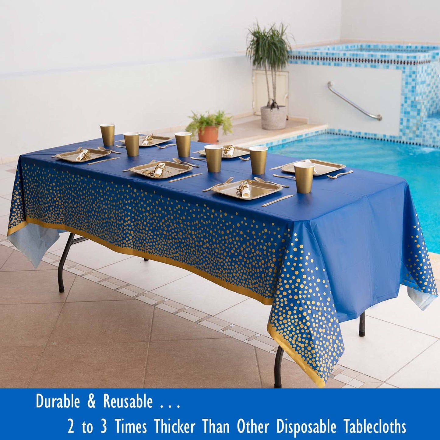 ZULADISE 2 Pack Premium Blue and Gold Plastic Tablecloths – Thick, Durable, Reusable Table Covers (54 x 108 in) – Disposable Party Tablecloths for Birthday, Graduation and Event Decorations