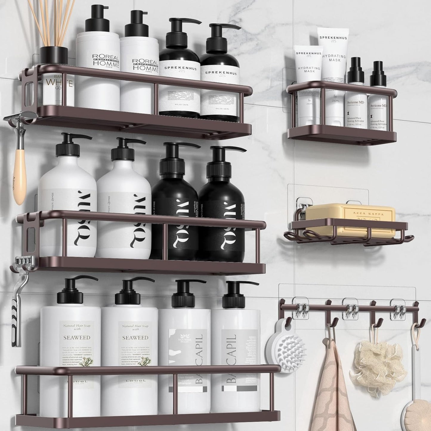 YASONIC Shower Caddy - Large Capacity Organizer with Soap Holder & 12 Hooks | Rustproof Bronze XL