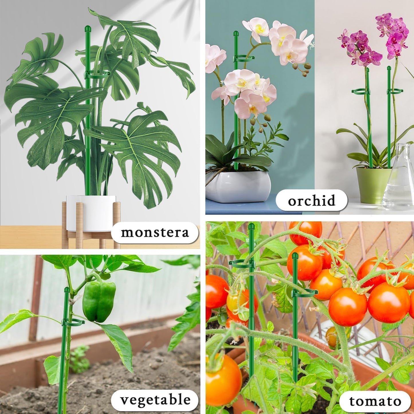 SupKing Plant Stakes - Adjustable 17" & 11" Support for Indoor/Outdoor Plants | 16 Pcs Orchid Sticks with Clips & 20 Ties (Green)