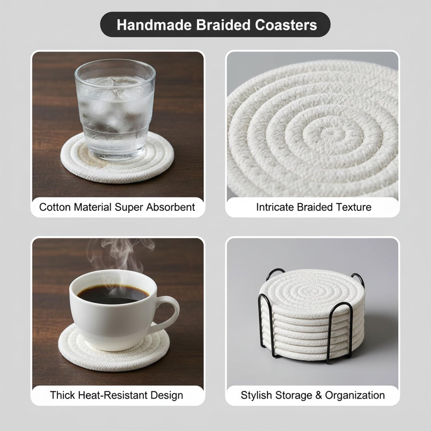 ZEXOLAP Drink Coasters Set of 8 with Holder – Cotton Woven Absorbent Coasters, 4 Colors for Coffee, Beer, Drinks & Tabletop Protection