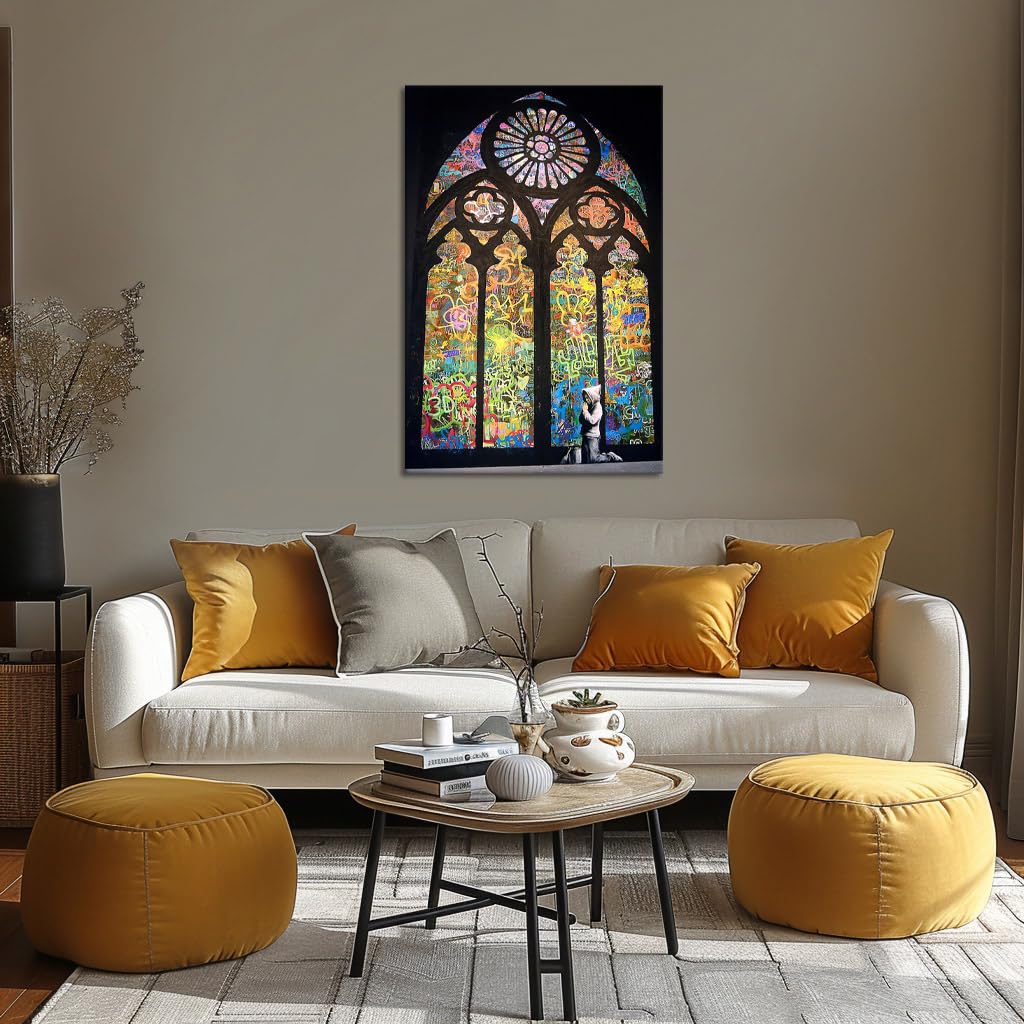 Banksy Wall Art Graffiti Street Painting on Canvas The Boy Praying in Church Prints Pictures for Modern Home Decoration, Framed 36''W x 24''H