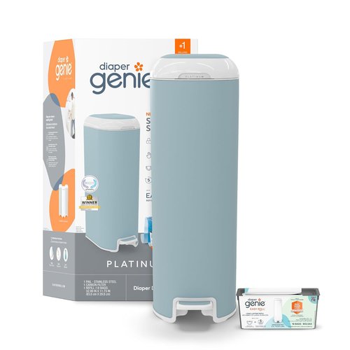 Diaper Genie Platinum Pail - Durable Stainless Steel with 1 Easy Roll Refill | Glacial Blue, Lasts 5 Months