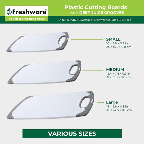 Freshware Cutting Boards - 3-Pack Kitchen Chopping Boards with Juice Grooves & Non-Slip Handles | Reversible, Dishwasher Safe - Gray