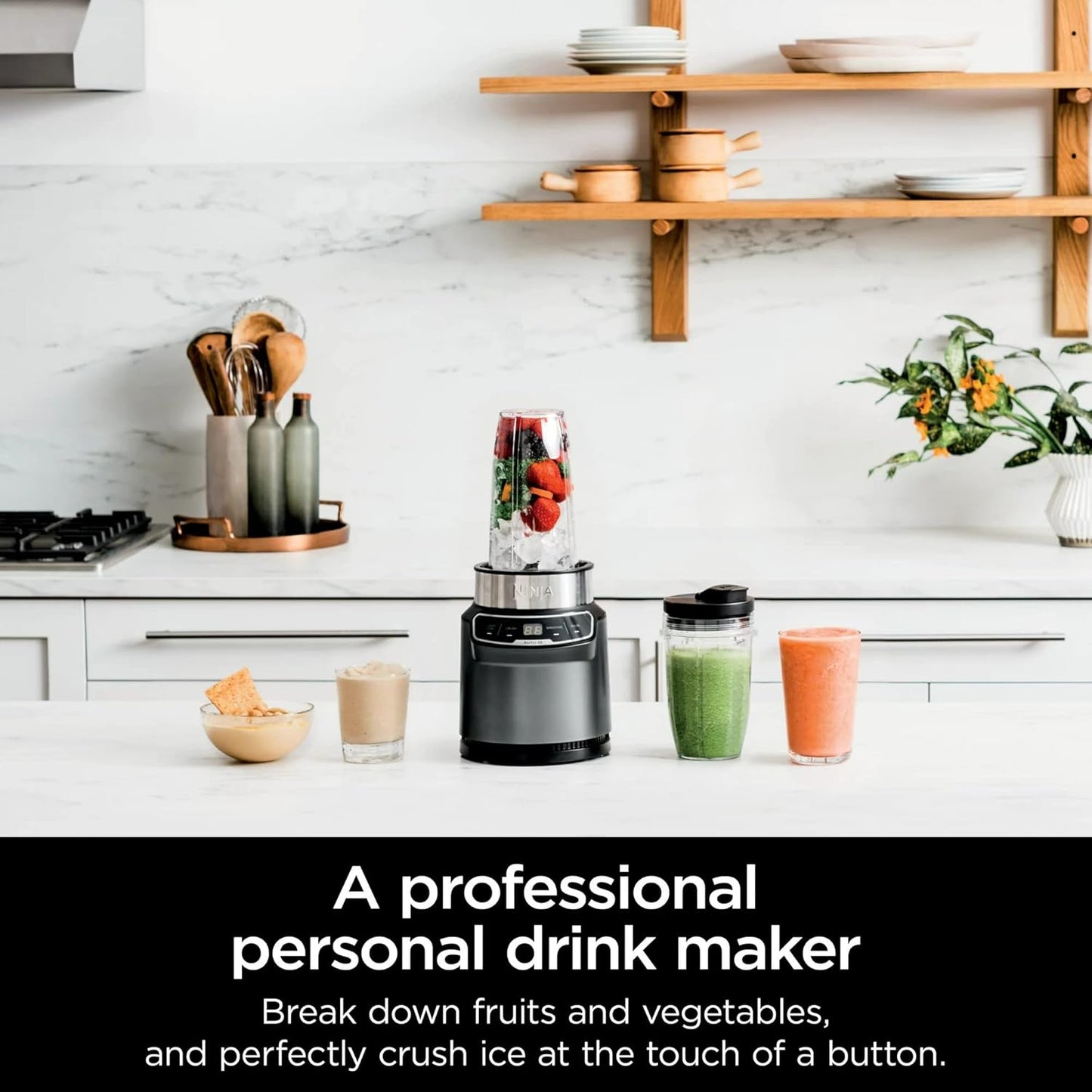Ninja BN400 Nutri Pro Compact Personal Blender - 1000 Watts, Auto-iQ, 18oz & 24oz To-Go Cups - Stone Silver