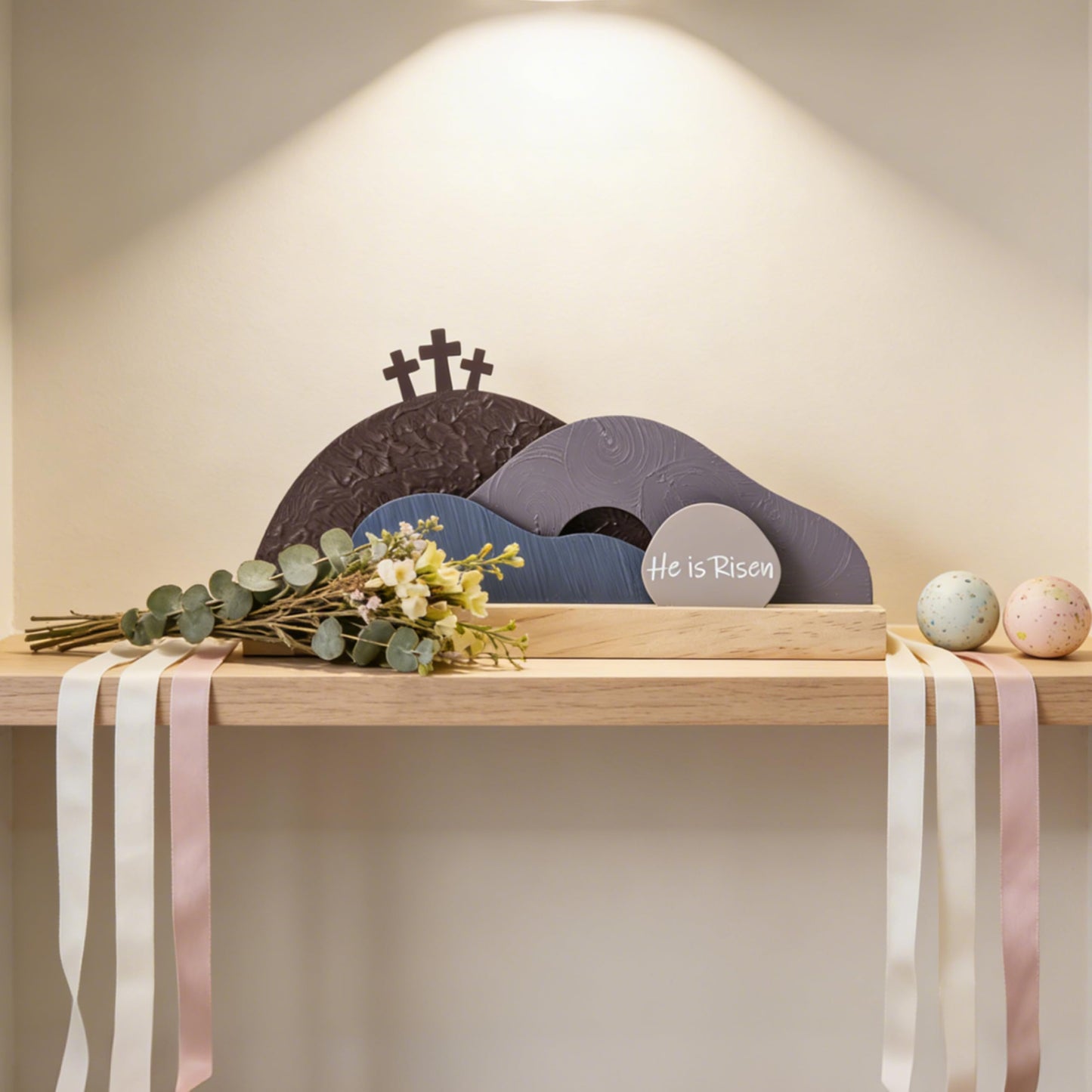 AOMOONOA Easter Empty Tomb Decor Set, He is Risen Resurrection Scene with Wooden Base, Religious Tomb Scene Easter Decoration for Christian Holiday Home Tabletop Decor