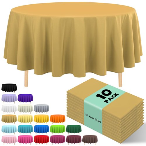 JHDZDHY 10 Pack Premium Disposable Plastic Tablecloth 84" Round Table Cover for Birthdays Weddings Christmas Anniversary Buffet Table (Gold)