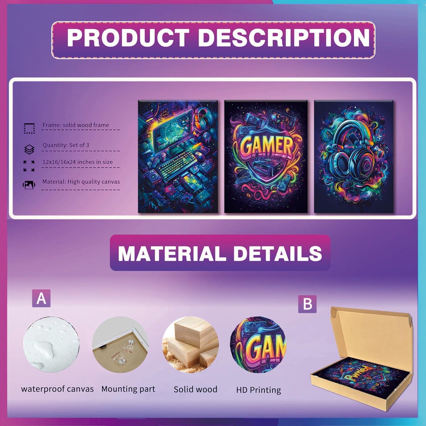 Yolbcdr Gaming Wall Art Set - Cool Canvas Prints for Game Room Decor | Framed 16x24in Posters