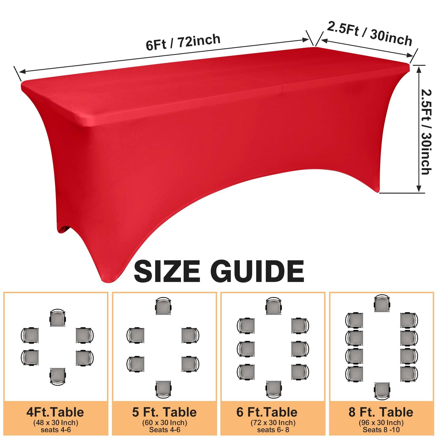 2 Pack 6 Feet Red Spandex Tablecloth for Rectangular Tables, Fitted & Stretch, Washable, Wrinkle Resistant, Perfect for Event, Wedding, Party, Banquet, Cocktail, Festival, and Table Protector