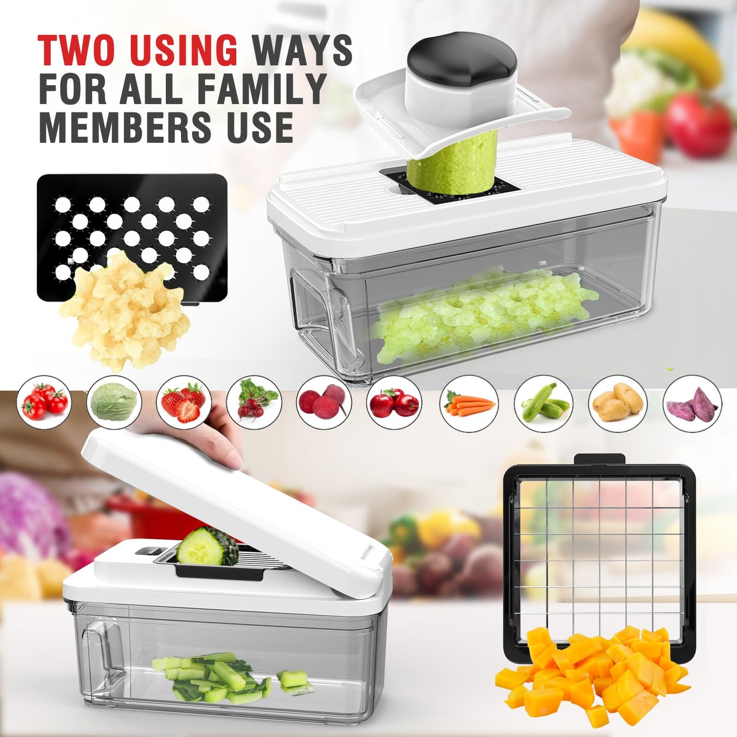 Vegetable Chopper with Container, Onion Chopper Dicer Cutter Slicer, 10-in-1 Food Chopper with 7 Blades, Veggie Cutter Slicer for Fast Salad Potato Carrot Garlic Meal Prep Kitchen Gadget