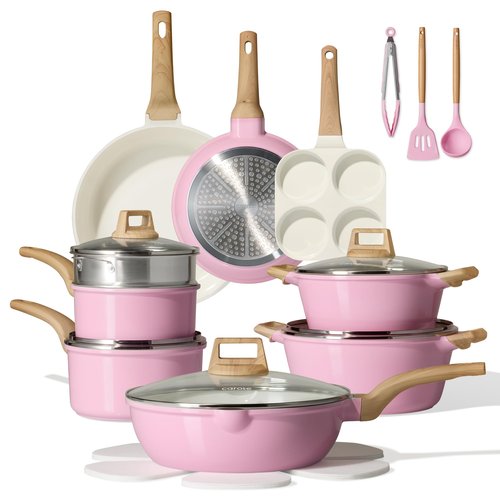 CAROTE 21 PCS Ceramic Cookware Set, Pots and Pans Set Non Stick, Pot and Pan Set with Frying pan, Induction Ready Cooking Set for Kitchen, PFOS/PFOA/PFAS Free, Pink