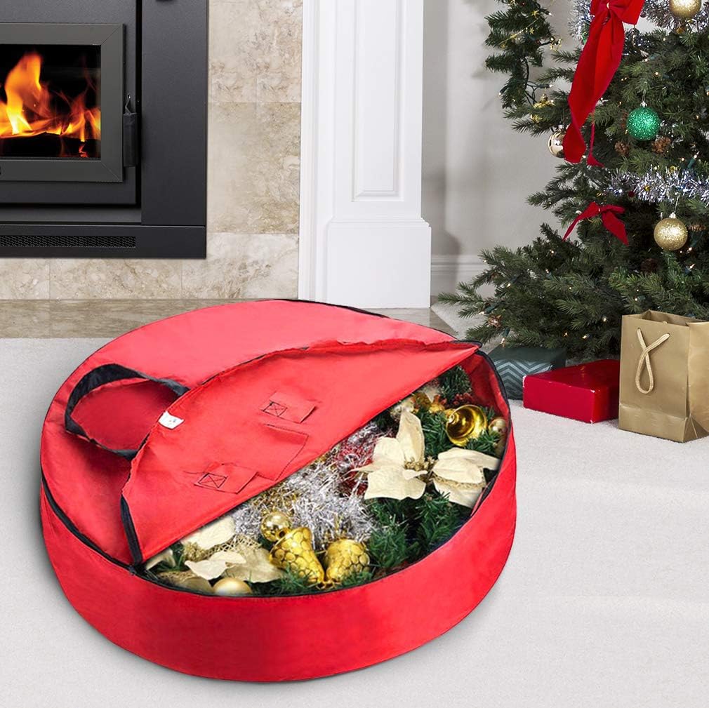 Primode Christmas Wreath Storage Bag - Heavy Duty 24" Container with Handles - Durable 600D Oxford Polyester (Red)