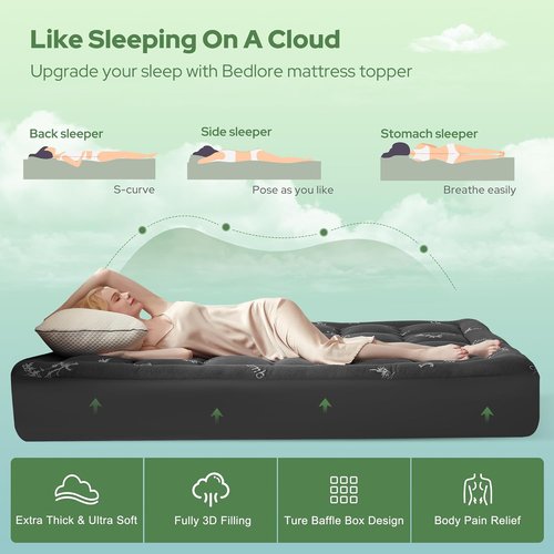BEDLORE Queen Mattress Topper - Soft Bamboo Viscose Pillow Top for Back Pain Relief | Dark Gray, Fits 6-18 Inch Mattresses