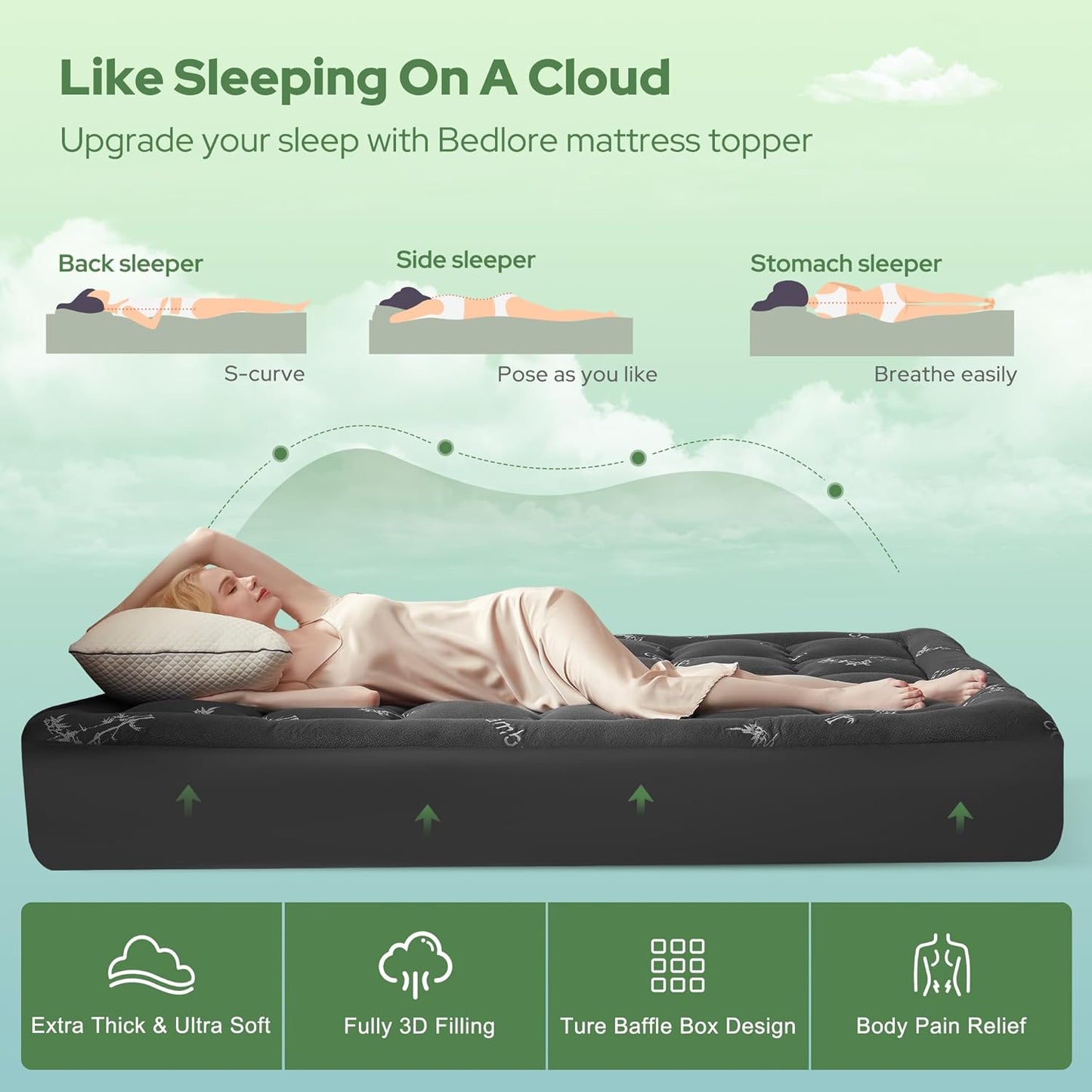 BEDLORE King Mattress Topper - Soft Bamboo Viscose Pillow Top for Back Pain Relief | Dark Gray, Fits 6"-18" Mattresses