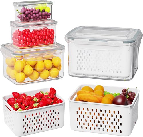 4 Pcs BPA-Free Fruit Storage Containers by [Brand Name] - Leak-Proof Design with Drain Basket | Keep Fruits & Vegetables Fresh