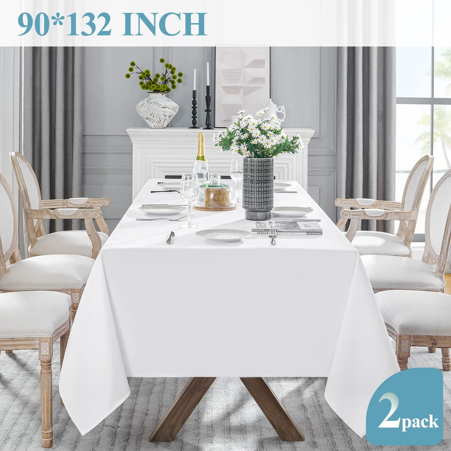 VidaFete 2 Pack 90*132inch Rectangle Tablecloth Polyester Table Cloth，Stain Resistant and Wrinkle Polyester Dining Table Cover for Kitchen Dinning Party Wedding Rectangular Tabletop Decoration(White)