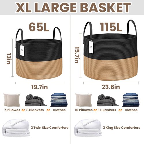 JMvicyroam 65L Extra Large Blanket Basket - Woven Cotton Rope Laundry Hamper with Reinforced Handles | Machine Washable Black & Jute Storage Bin for Pillows, Comforters & Toys