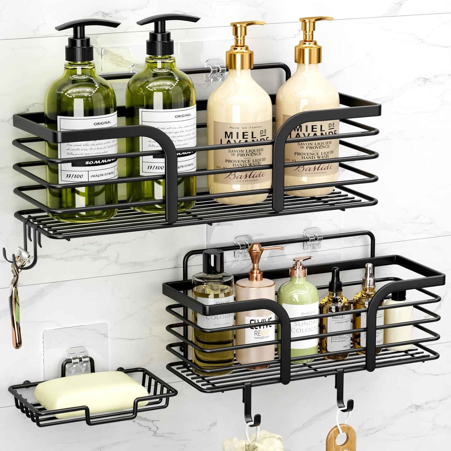 Yougai Shower Caddy - Rustproof Wall-Mounted Shower Organizer with Soap Holder & Hooks | Black