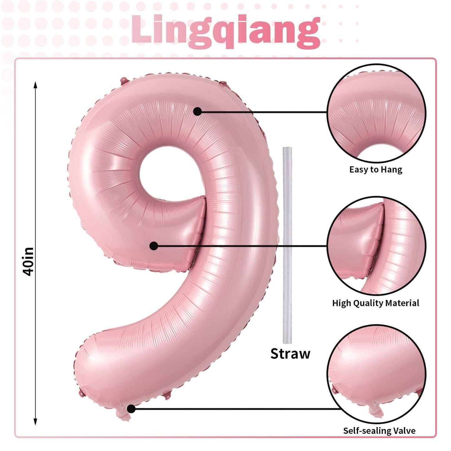 40'' Pink Number 9 Balloon, Self Inflating Foil Light Pink Number Balloons Set 0-9, Pastel Pink Digital 9 Helium Balloon for Girls 9th Birthday Party Decorations Anniversary Supplies