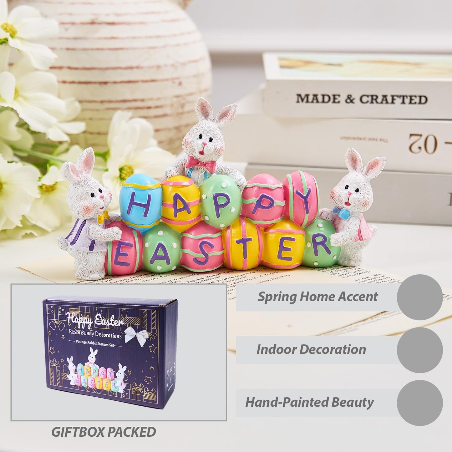 yumhum 3 Bunny Holding Eggs and Happy Easter Decorations, Resin Easter Bunny Rabbits Figurine Tabletop Centerpiece for Spring Decor Easter Home Office Party Decor