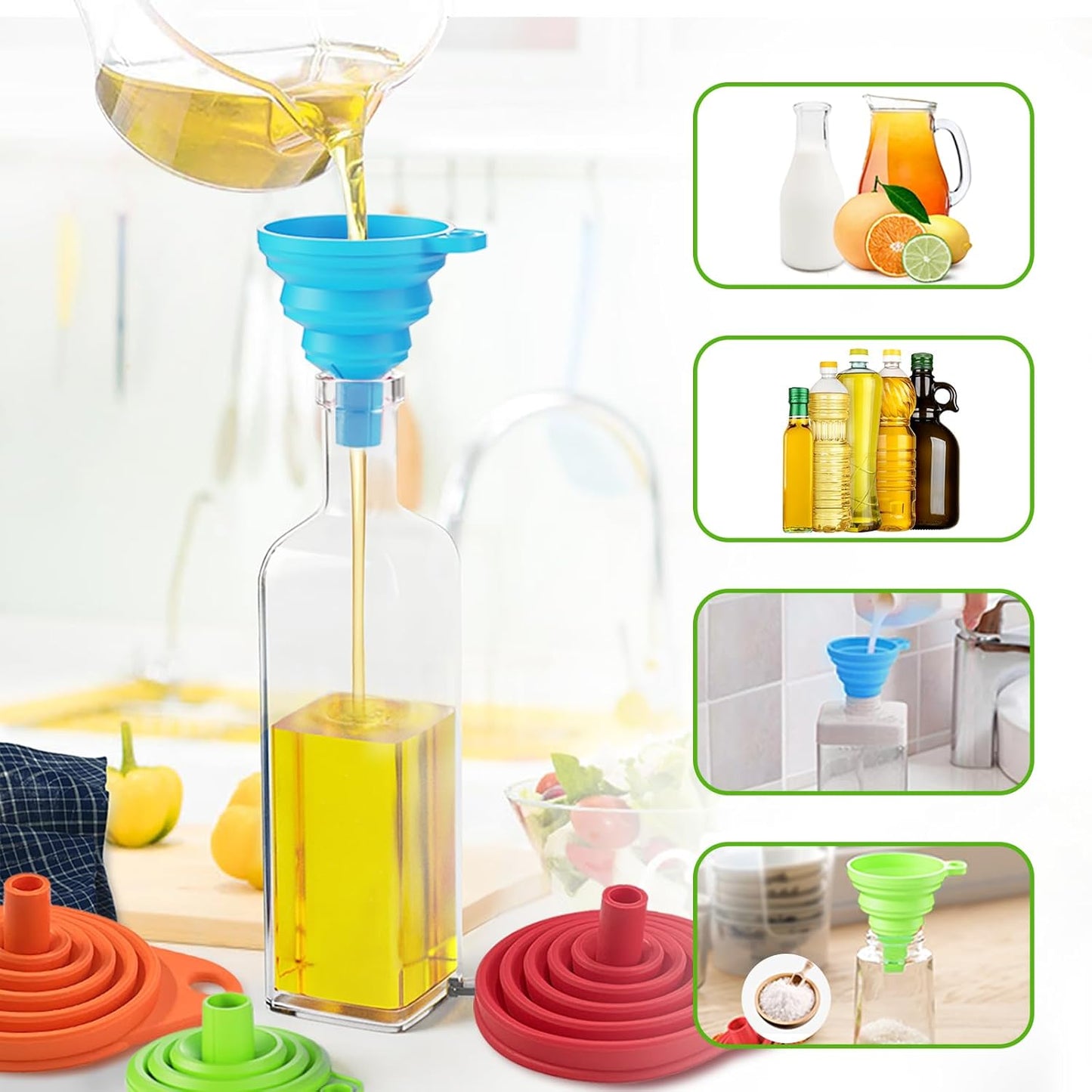 Skiennix Kitchen Funnel Set - 4 Pack of Foldable Silicone Funnels for Easy Liquid Transfer | Food Grade