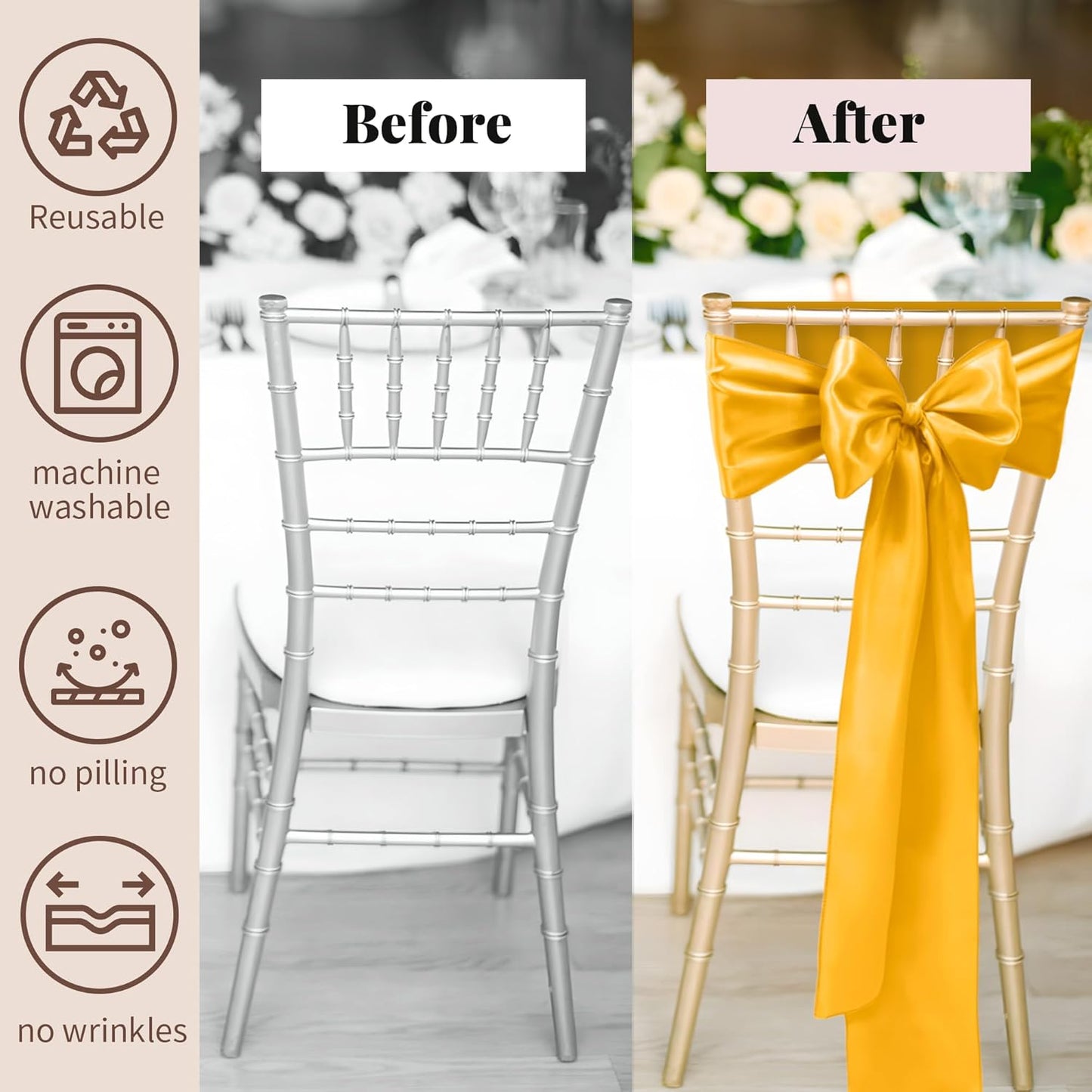 Skiennix Satin Chair Sashes - 50 Pcs Elegant Ribbon Bows for Weddings & Events | Gold 7x108 Inch