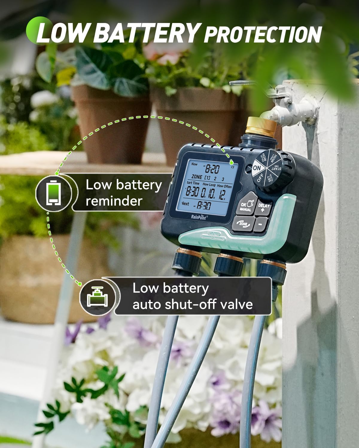 RAINPOINT 3-Zone Water Timer - IP65 Waterproof, Customizable Sprinkler Plans, Large LCD Display