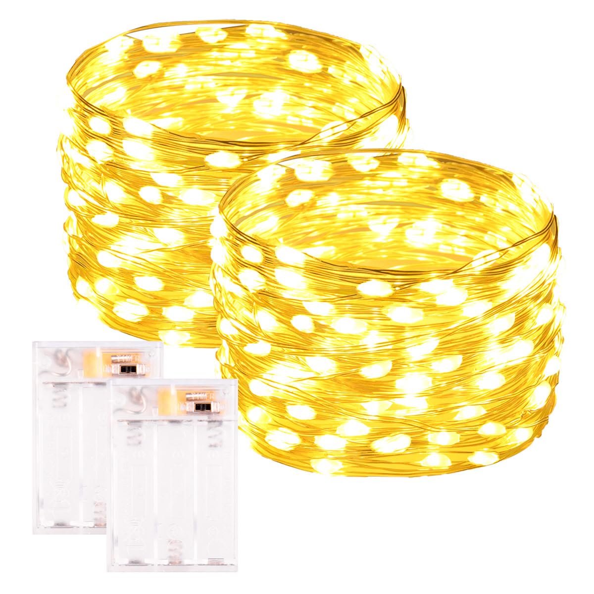 PCORES 2Pack Warm White Fairy Lights Battery Operated with Timer, Waterproof 33FT 100LED String Lights Indoor Outdoor, Copper Wire Fairy Lights for Bedroom, Christmas, Parties, Wedding