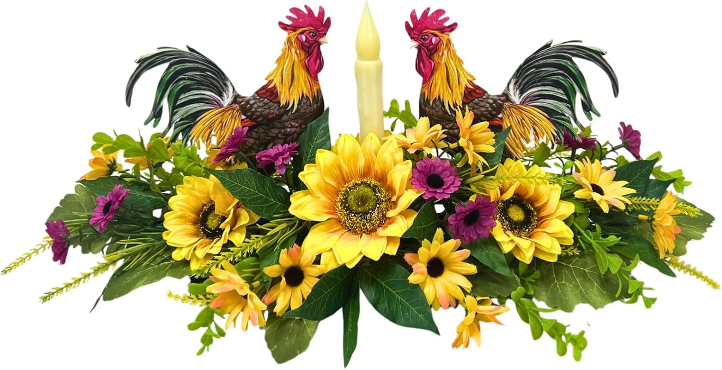 Svndlyn Rooster Kitchen Decor - Rustic Farmhouse Centerpiece with Flameless Candle & Sunflowers | Dining Table Accent