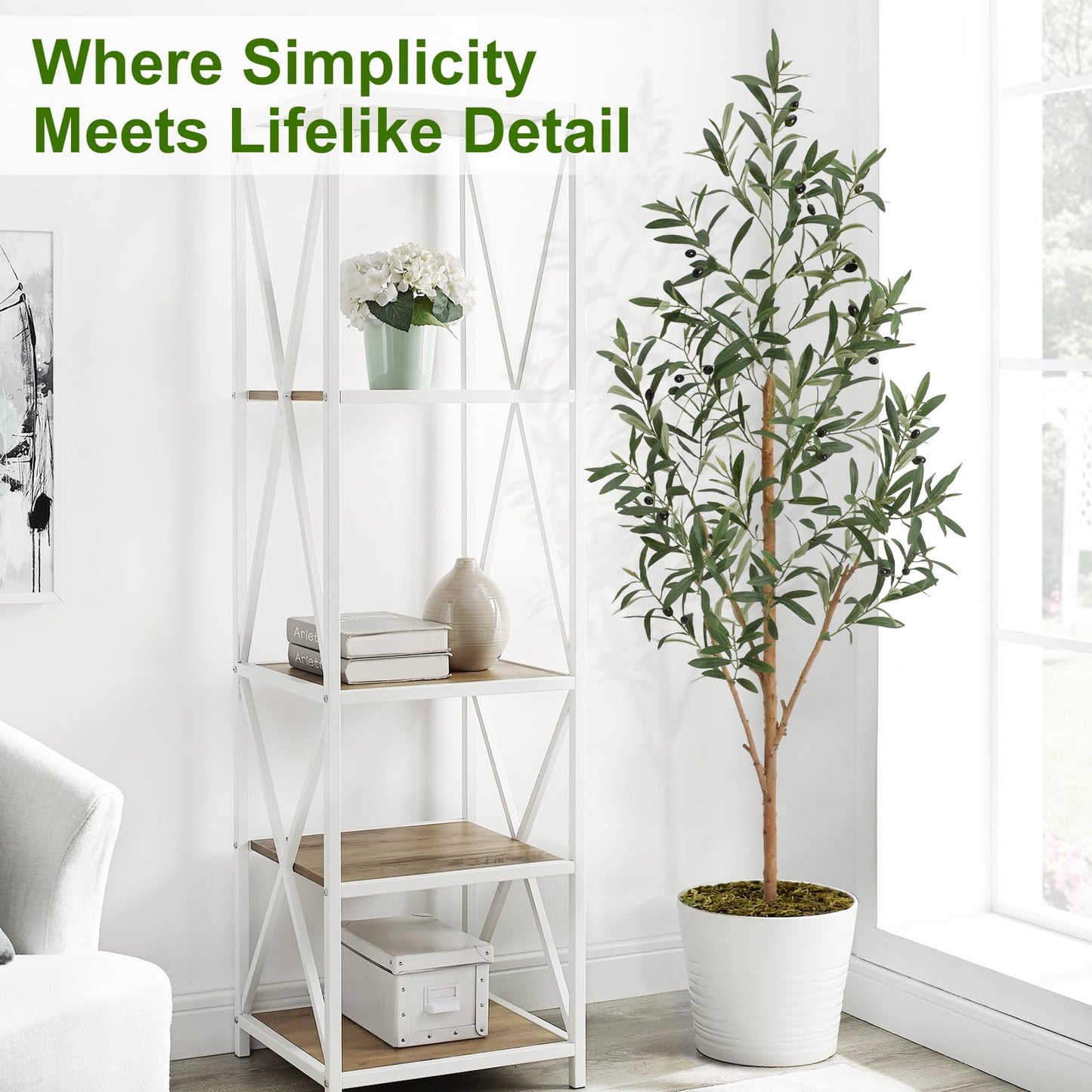 Keeplush 5ft Artificial Olive Tree, Fake Olive Tree with 420 Lifelike Olive Leaves and 30 Fruits, Faux Olive Silk Plants with Natural Wood Trunk in Pot for Living Room Bedroom Office Decor 2packs