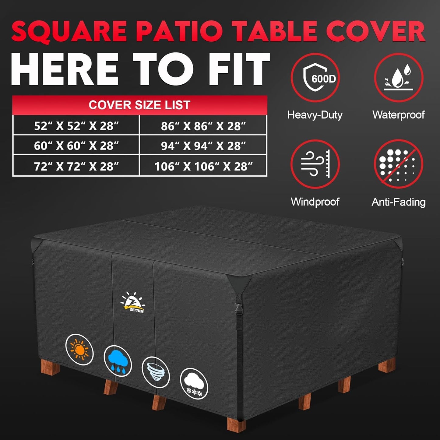 Zettum Patio Furniture Cover - Heavy Duty Waterproof 600D Square Cover for 86-Inch Outdoor Dining Set