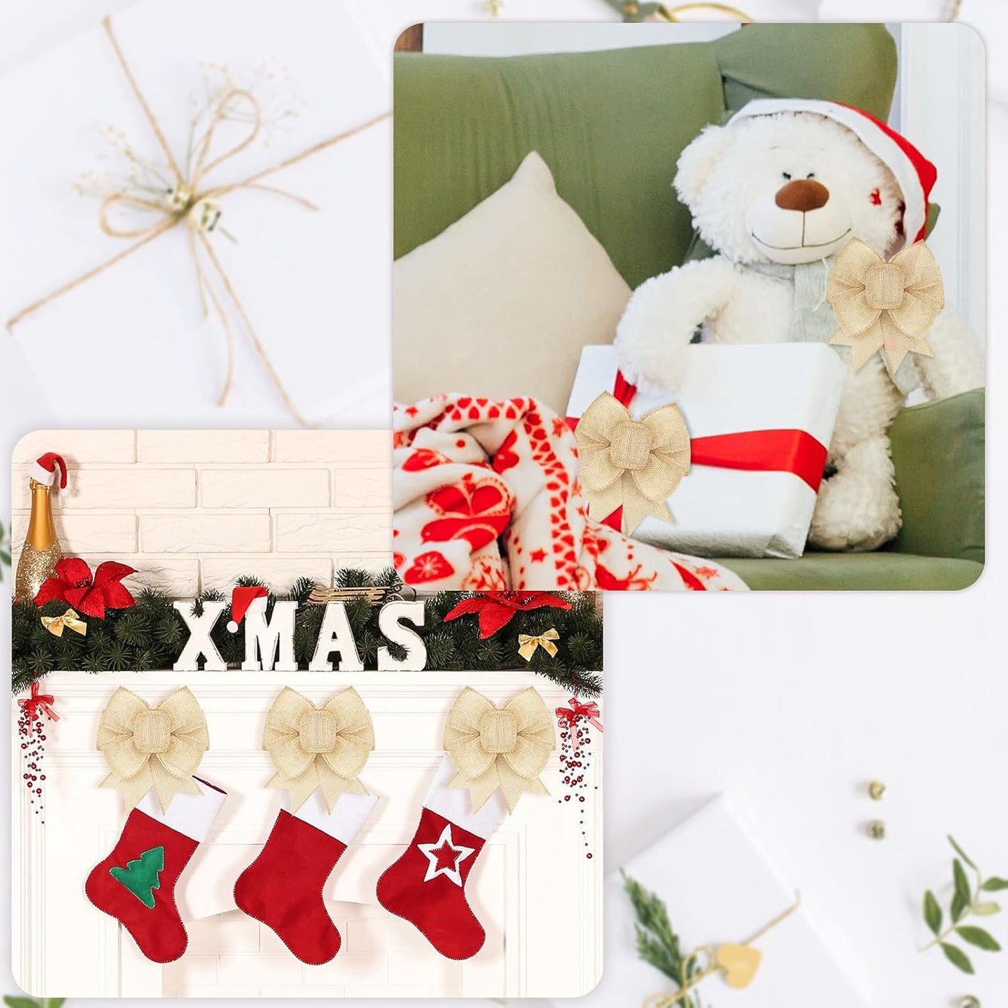Xinnun Burlap Bows - Rustic Jute Decorations for Holiday Wreaths & Christmas Tree Toppers | 4 Pcs Set