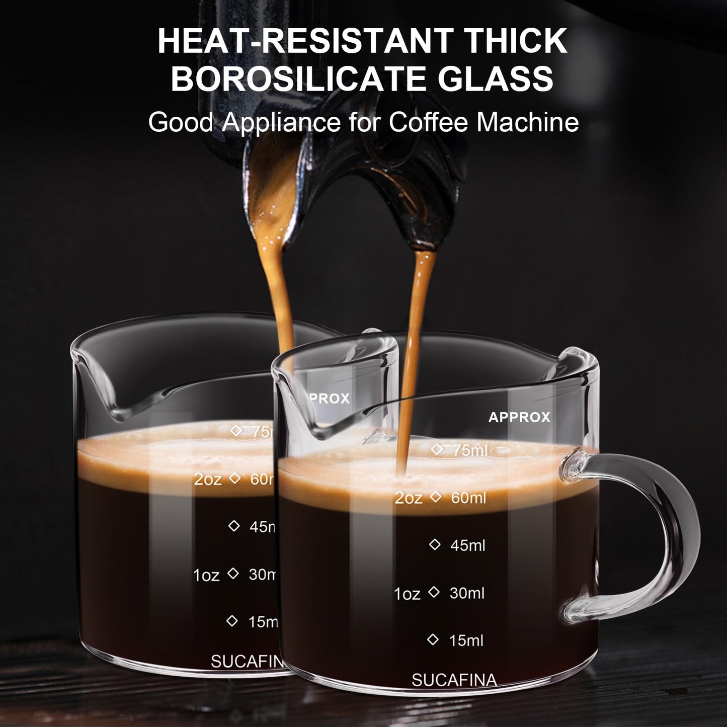 PARACITY Espresso Cup with Handle set of 2, Double Spout Glass Measuring Cup with Dual Scale, Espresso Shot Glass with V-Shaped Mouth, Clear Glass Milk Frothing Pitcher, Espresso Accessories