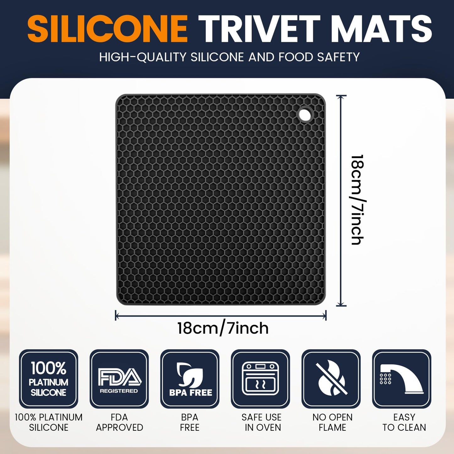 Silicone Trivet Mats 4 Heat Resistant Pot Holders Multipurpose Non-Slip Hot Pads for Kitchen Potholders, Drying mat, Jar Opener, Spoon Holder, Coaster.(Dark Black)