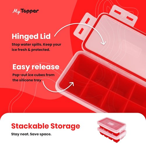 IceTopper XL Ice Cube Tray - Easy Release Molds for 8 Large Cubes, Stackable & Dishwasher Safe, 100% Food Grade Silicone (2 Pack)