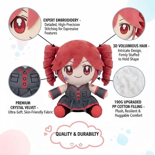 Collectible Pink Drill Twin Tail Girl Plush - Cute 22cm Anime Plushie with 3D Hair & Red/Black Outfit