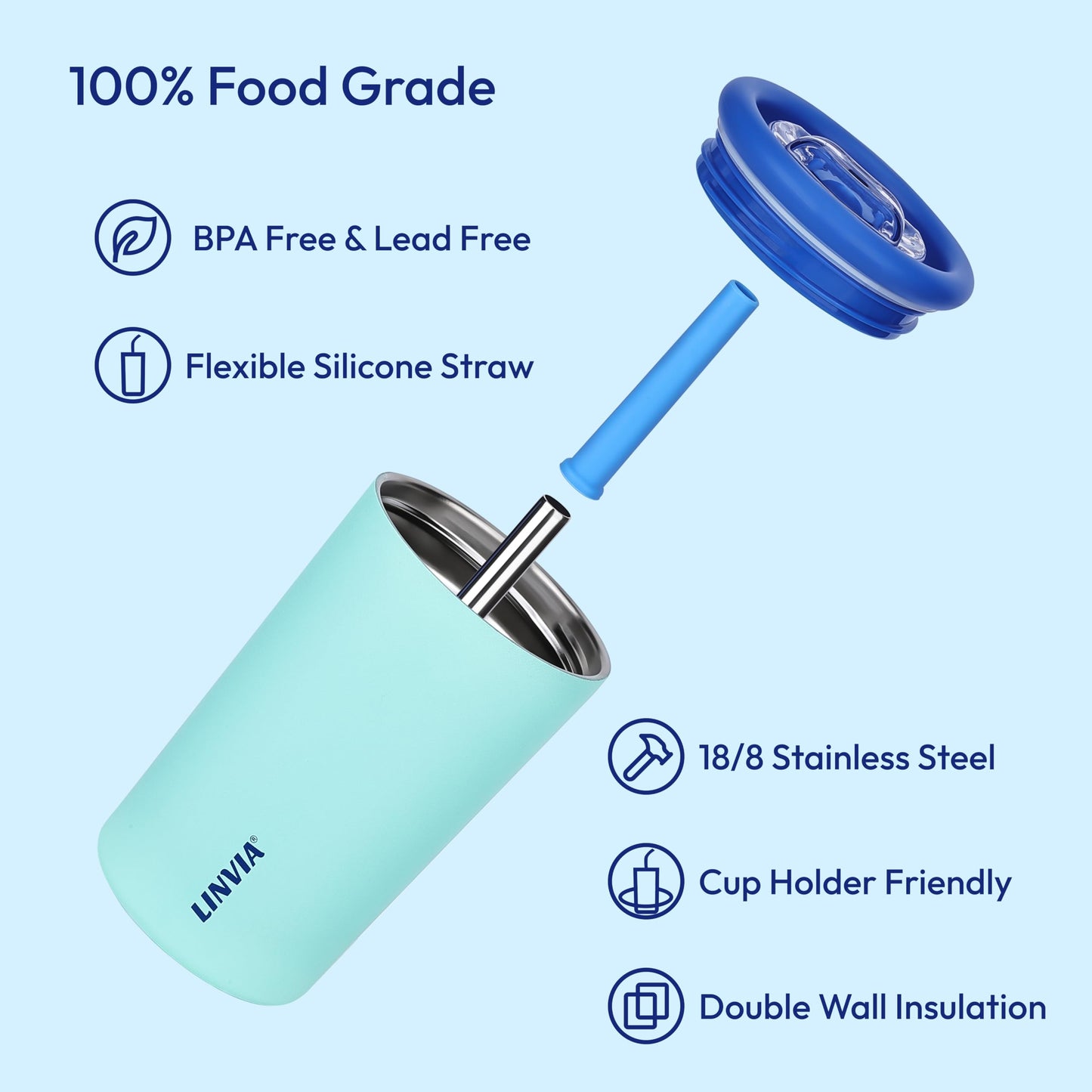LINVIA Candy Tumbler, 25 oz Kids Insulated Stainless Steel Water Bottle with Spill Resistant Silicone-Metal Straw and 2-in-1 Lid, BPA-Free, Cup Holder Friendly, Dishwasher Safe, Avocado Green