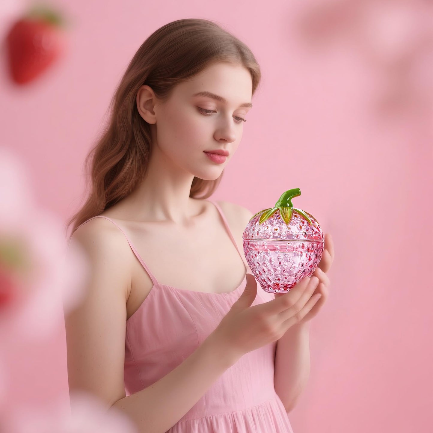 kanpura Pink Strawberry Candy Jar with Lid Small Cute Crystal Candy Dish Set of 2 Glass Decorative Container for Sugar, Cookie, Nuts Valentines Day Gift for Women (3.5 oz)