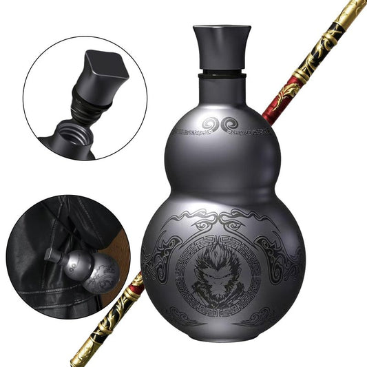 nurdewn Stainless Steel Gourd Water Bottle 16.9oz Insulated Drinking Gourd Bottle for Black Myth Wukong Fans, Vintage Style Leak-Proof Water Jug with Strap, 316 Steel Hot & Cold Flask (Black)