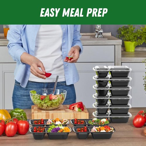 Dealusy 28 oz Meal Prep Containers - 50 Pack, Sturdy Leakproof & Reusable with Lids | 2-Compartment Design, Black