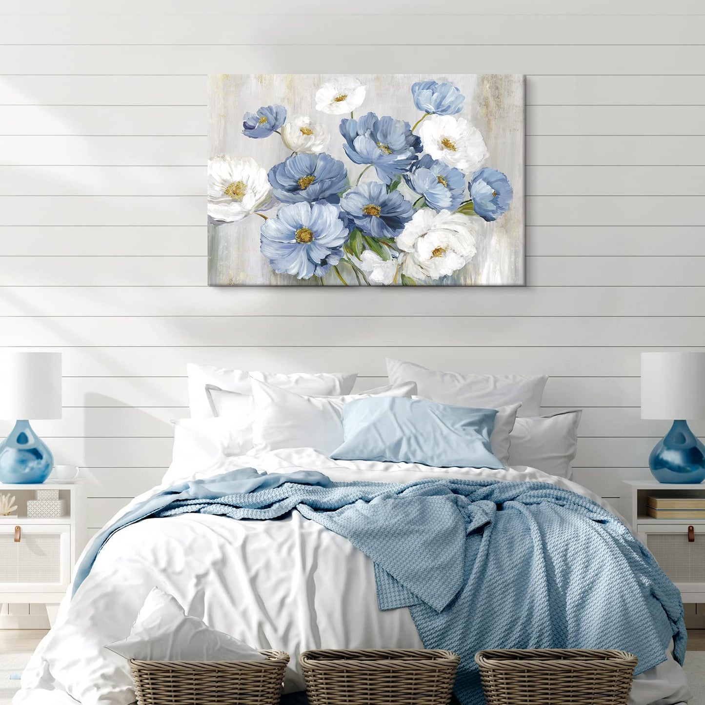 Goldfoilart Blue Flower Wall Art Light Blue and White Floral Canvas Print, 36"x24" Large Modern Flower Picture for Living Room Bedroom Bathroom Home Decor