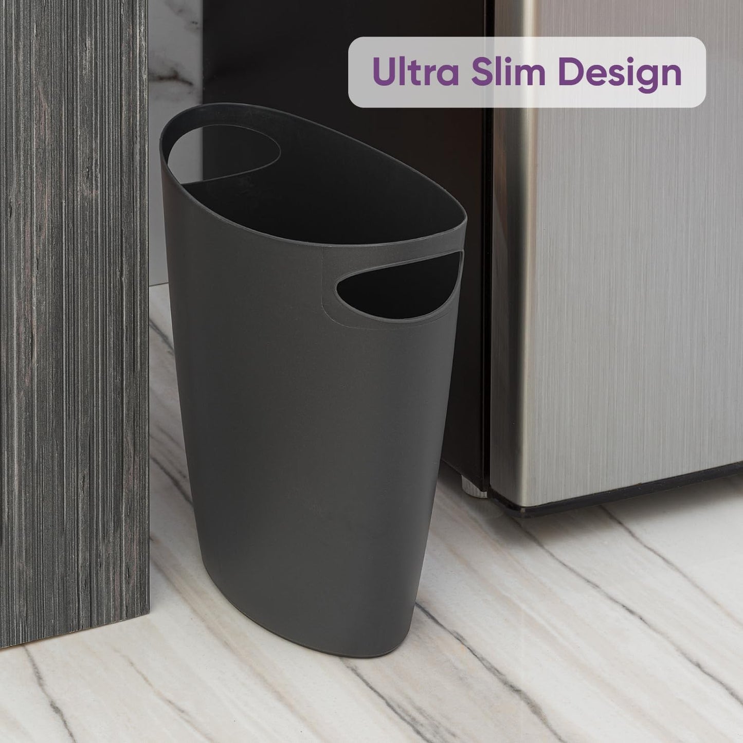 Superio Slim Bathroom Trash Can 2 Gallon Plastic Small Compact Waste Basket for Bedroom, Dorm, Under Office Desk, Narrow Portable RV Dustbin, 6 Grey