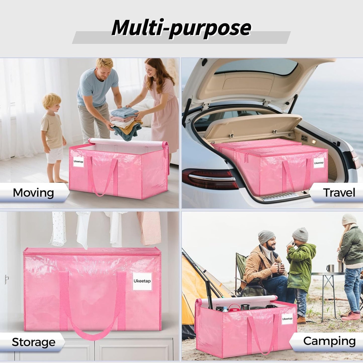Skiennix Extra Large Heavy-Duty Moving Bags - 8 Pack Pink Storage Bins with Lids & Reinforced Handles