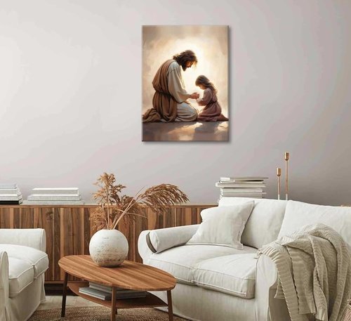 Jesus Praying with Girl Canvas Wall Art - Christian Spiritual Poster for Home Decor | Framed Bible Story Print