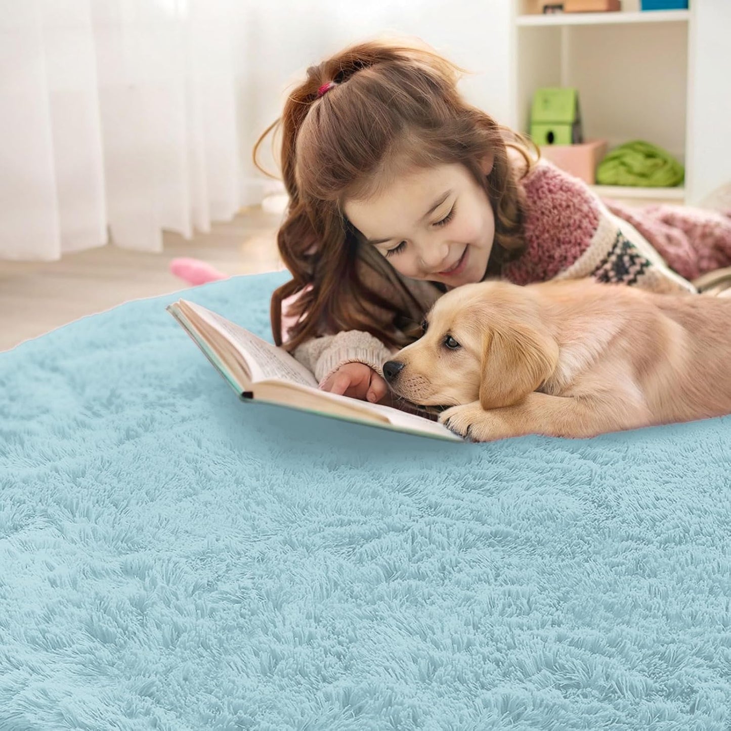 OLANLY Round Light Blue Area Rug - Soft, Fluffy, Machine Washable 6 ft Circle Carpet for Bedroom & Living Room Decor