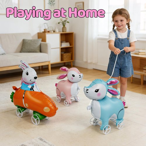 3Pcs Easter Walking Bunny Balloons With Wheels for Kids, Pull Along Walking Bunny Foil Balloons for Easter Birthday Party Favors, Self-Standing Walking Balloon Animals Decorations Gift Supplies