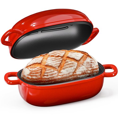 Cast Iron Dutch Bread Oven - 2.5QT Dutch Oven for Sourdough Bread Baking, Cast Iron Bread Loaf Pan with Lid, Easy Homemade Sourdough Dutch Oven, Blue Oval Bread Baking Pan, Gift for Family & Baker，Red